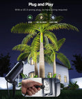 Two Pack Ultra Bright 30W Outdoor LED Spotlight Set illuminating palm trees with plug for easy installation