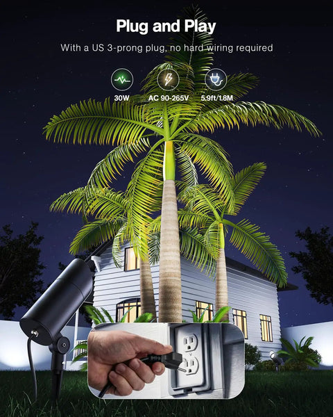 Two Pack Ultra Bright 30W Outdoor LED Spotlight Set illuminating palm trees with plug for easy installation