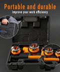 Heavy Duty Ratchet Pipe Threader Kit With Six NPT Dies One Quarter Inch Three Eighths Inch One Half Inch Three Quarters Inch One Inch And One And A Quarter Inch Threading Dies Durable 9SiCr Steel Tool For Galvanized Iron Copper And Aluminum Pipes in open carrying case with close-ups of dies.