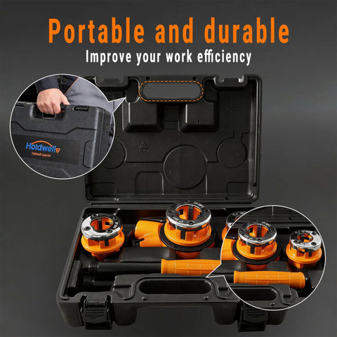 Heavy Duty Ratchet Pipe Threader Kit With Six NPT Dies One Quarter Inch Three Eighths Inch One Half Inch Three Quarters Inch One Inch And One And A Quarter Inch Threading Dies Durable 9SiCr Steel Tool For Galvanized Iron Copper And Aluminum Pipes in open carrying case with close-ups of dies.