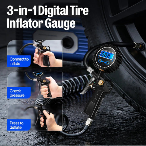 Two Pack Digital Tire Inflator With Pressure Gauge And Backlit Display connected to tire showing 88.8 PSI reading
