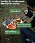 22 Inch Portable Fire Pit For Camping And RV Trips, Ultralight Foldable Round Grill Stand in use, showing heat control levels