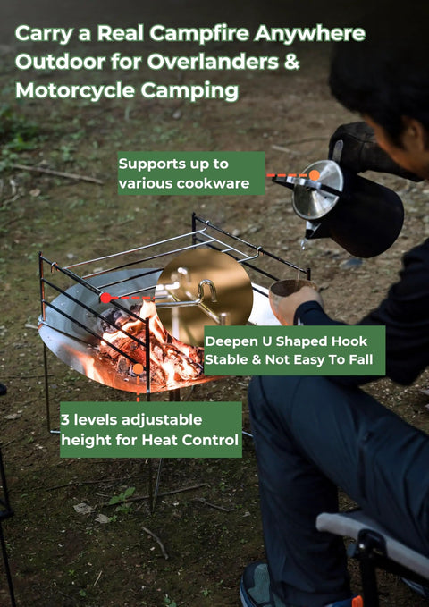 22 Inch Portable Fire Pit For Camping And RV Trips, Ultralight Foldable Round Grill Stand in use, showing heat control levels