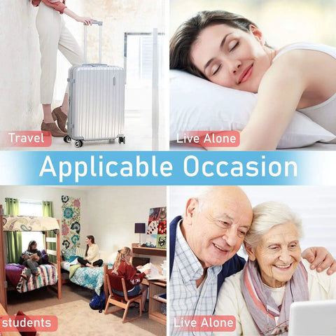 Collage showing Heavy Duty Portable Door Jammer With Stopper Lock For Hotel Room Safety and Home Entry Defense Rock Solid Travel Door Brace in various settings.