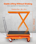VEVOR hydraulic lift table cart in orange with non-slip pad, 330 lb capacity, 50 in lift, four wheels.