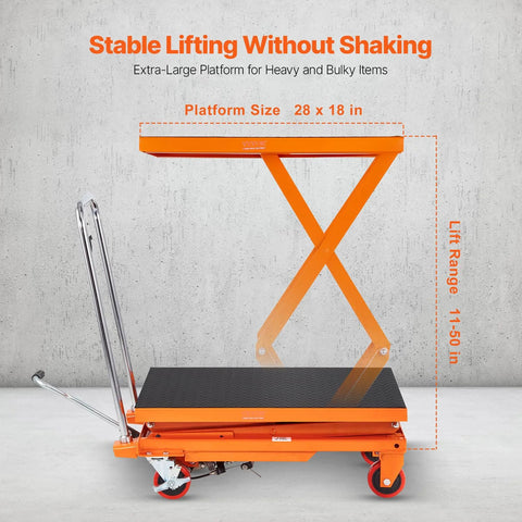 VEVOR hydraulic lift table cart in orange with non-slip pad, 330 lb capacity, 50 in lift, four wheels.