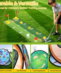 Toddler Golf Set 5 In 1 For Kids Indoor Outdoor Golf Toy with 3 Clubs Putting Mat Four Sided Chipping Net in use on grass
