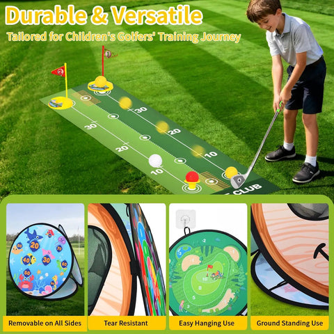 Toddler Golf Set 5 In 1 For Kids Indoor Outdoor Golf Toy with 3 Clubs Putting Mat Four Sided Chipping Net in use on grass