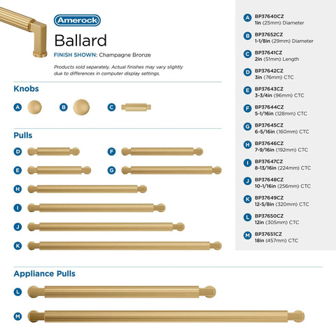 Chart showing various sizes of Transitional Champagne Bronze Cabinet Pull, 5-1/16 Inch Center-To-Center, 5-9/16 Inch Overall Length, Model BP37644CZ
