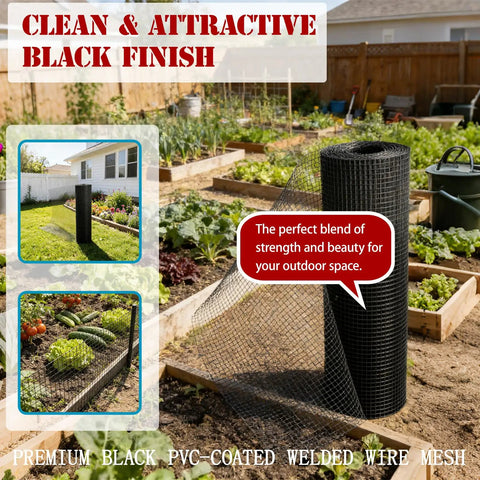 Heavy Duty Black Vinyl Coated Hardware Cloth 1/2 X 48 X 100 Foot 19 Gauge Welded Wire Fence Mesh shown in garden setting.