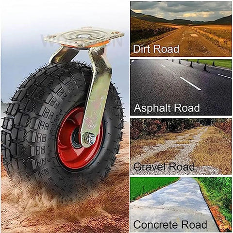 Heavy Duty Pneumatic Caster Wheels With Tubeless Natural Rubber Tires Rock Solid Swivel Base shown on various terrain types.