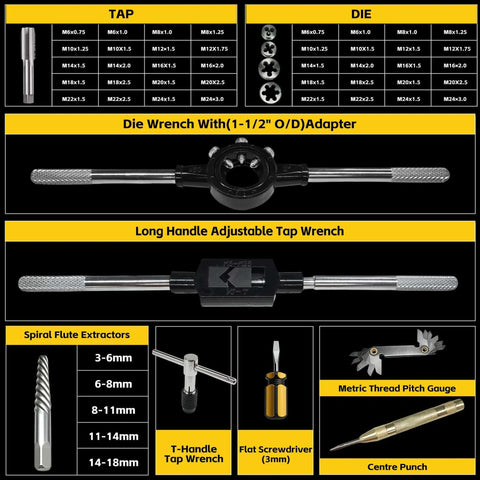 52-Piece Jumbo Metric Tap And Die Set For Internal And External Threading M6x0.75 To M24x3.0 with wrenches and gauges displayed