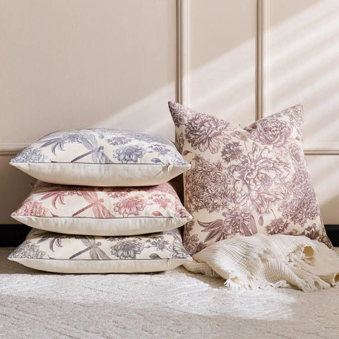 Floral Vintage Pillow Covers 24x24 Inch Set Of 2 Cream Beige Unbleached Natural Cotton Throw Pillow Covers With Block Print Design Neutral Boho Farmhouse Style For Living Room Sofa Couch Decor, stacked floral covers