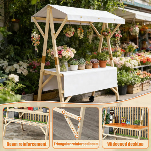 Portable Farmers Market Stand With Foldable Canopy On Wheels For Street Vending And Outdoor Events Sturdy Wooden Vendor Cart Easy To Store Mobile Market Stall In Bright Yellow About 47 By 24 By 79 Inches displayed with flowers and plants
