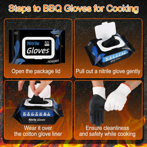 Steps to use BBQ Gloves Set With 50 Disposable Nitrile Gloves And 2 Reusable Cotton Liners For Cooking Food Prep