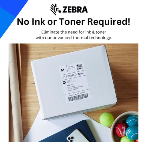 Four Inch Industrial Thermal Transfer Printer 203 Dpi Crisp Print Quality Usb Serial Connection Ink Free Label Maker For Warehouse Shipping showing a package with a shipping label.