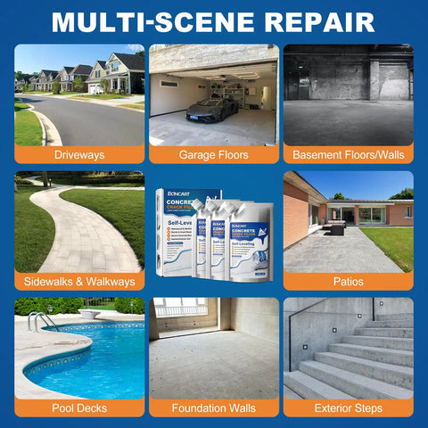 Go To Self Leveling Concrete Crack Filler with Fast Drying Waterproof Sealant, images of driveways, garages, patios, sidewalks, pool decks