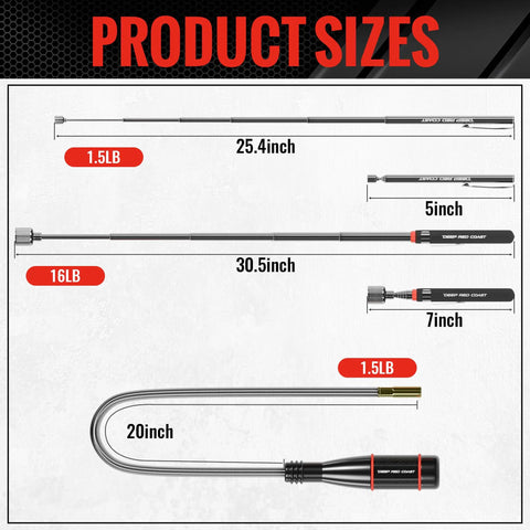 Three Piece Telescoping Magnetic Pickup Tool Set With Sixteen Pound Heavy Duty Lift, One Point Five Pound Extendable Magnet, And Twenty Inch Flexible Magnetic Retriever Wand for Garage