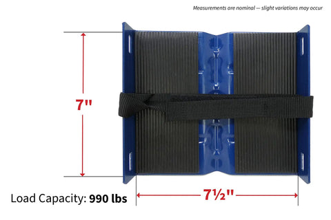 Beefy Three Piece Snowmobile Dolly Set with 990 lb capacity, showing 7x7 inch blue steel plate with strap for stability