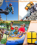 Collage showing uses of 8 Pack 1 Inch Quick Release Side Release Buckles for Straps and Nylon Webbing with dog harness, kayak, suitcase, rock climbing, mountain climbing gear.