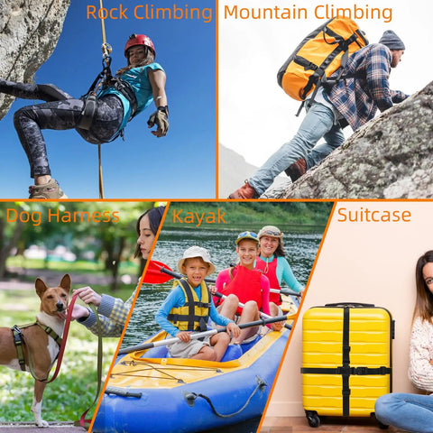 Collage showing uses of 8 Pack 1 Inch Quick Release Side Release Buckles for Straps and Nylon Webbing with dog harness, kayak, suitcase, rock climbing, mountain climbing gear.
