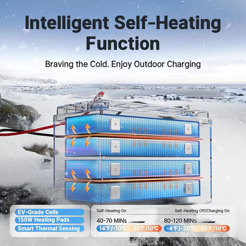 Heavy Hitter 12 Volt 165 Ah Lithium Starting Battery For Marine Boats And Trolling Motors Featuring Game Changing Dual Purpose Operation And Rock Solid Durability in winter setting showcasing self-heating function.