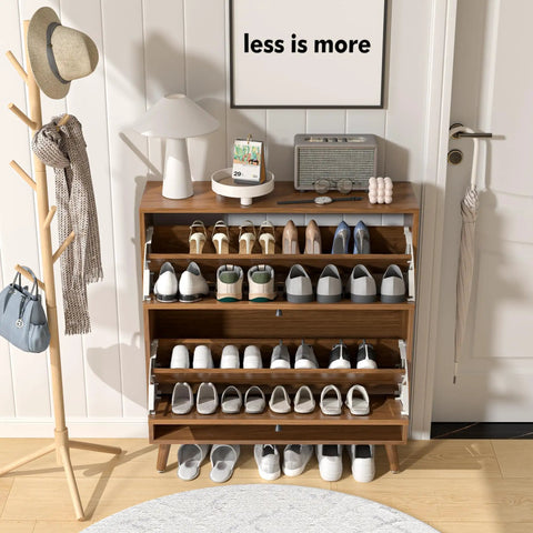 Slim Walnut Wood No-Fuss Shoe Storage Cabinet With Two Flip Drawers For Entryway