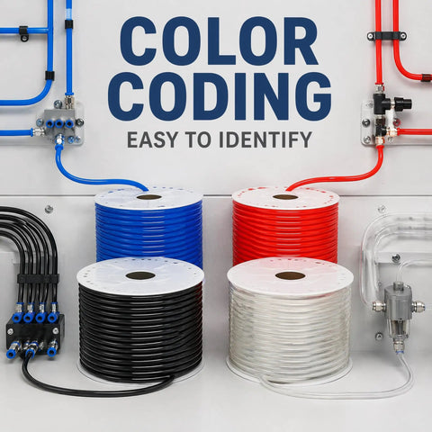 Transparent Pu Pneumatic Tubing For Air Compressors 4Mm To 16Mm Kink Resistant Hose spools in various colors, ideal for easy identification.