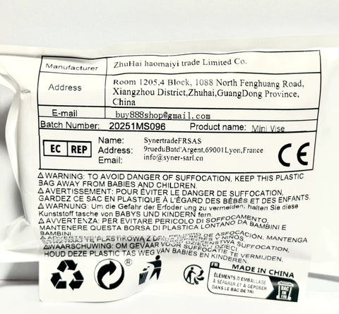 Rock Solid Mini Bench Vise With Slick Quick Adjustments And Gentle Silicone Grips product information label detailing manufacturer and warnings.