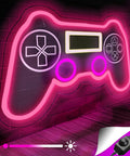 PS Controller Neon Light Sign For Gaming Rooms With Dimmer, LED Wall Decor, glowing on brick wall with dimmer control.