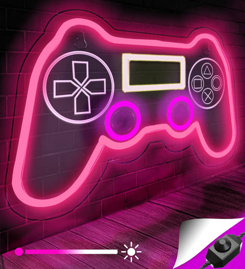 PS Controller Neon Light Sign For Gaming Rooms With Dimmer, LED Wall Decor, glowing on brick wall with dimmer control.