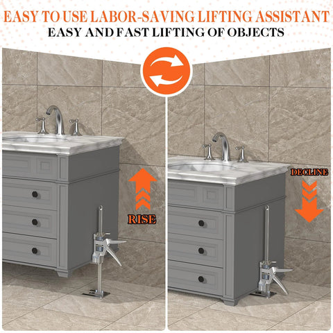 YIEMIZDK two-piece labor-saving lifting arm jack in silver metal for cabinet and tile installation; floor-mounted lift tool