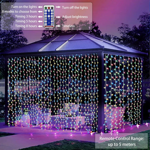 Outdoor Solar Curtain String Lights With 300 Super Bright Warm White LEDs Remote Control 8 Modes Waterproof Fairy Lights on gazebo