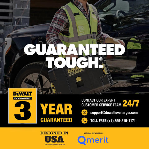 Worker holding guaranteed tough DeWalt EV charger box near vehicle, text promises 3-year guarantee and 24/7 support.