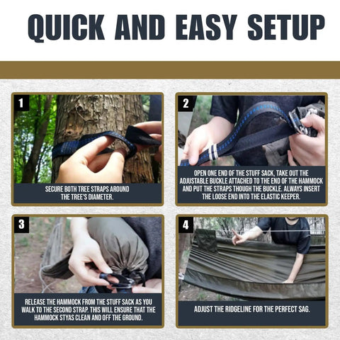 Double Camping Hammock With Mosquito Net Ridgeline And Straps 11Ft Lightweight Nylon Ripstop 500lb Capacity step-by-step setup guide