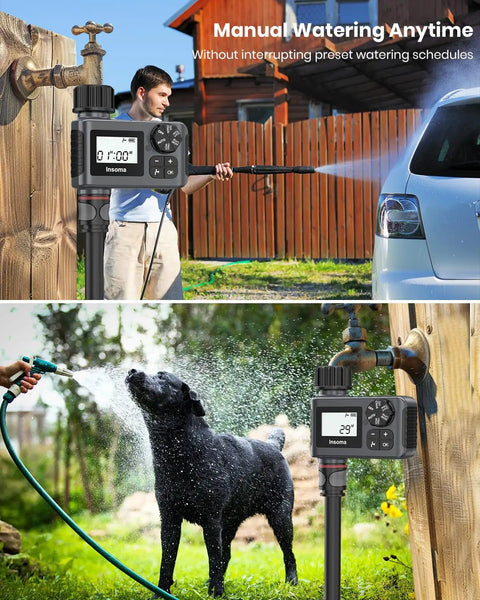 Person using No Fuss Easy Set And Forget Outdoor Hose Faucet Timer With Rain Delay for car washing and dog watering.