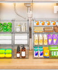 Super Slick Acrylic Stackable Drawer Set Of Six Pack For Vanity And Bathroom Desk Organization modular units under sink filled with toiletries.