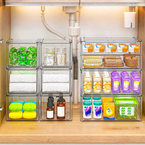 Super Slick Acrylic Stackable Drawer Set Of Six Pack For Vanity And Bathroom Desk Organization modular units under sink filled with toiletries.