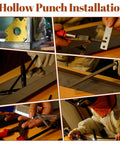 All In One 26 Piece MIG Welding Kit With Auto Darkening Helmet Heat Resistant Leather Gloves shown in action during hollow punch installation.