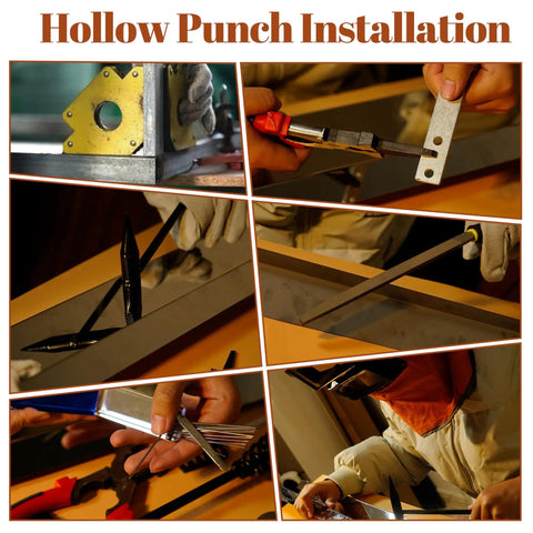 All In One 26 Piece MIG Welding Kit With Auto Darkening Helmet Heat Resistant Leather Gloves shown in action during hollow punch installation.