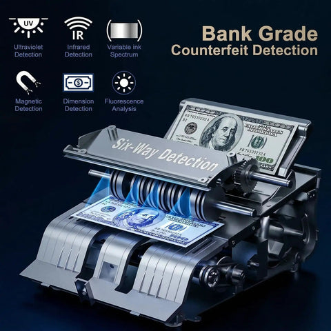 K08 Money Counter Machine With 3.8 Inch Value Display For USD And EUR, UV MG IR DD VI FA Counterfeit Detectors in use