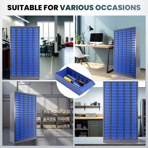 Built Like A Tank Heavy Duty 100 Drawer Parts Cabinet Steel Bolt Organizer displayed in various settings, showcasing organization and versatility.