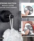 Matte Black Suction Cup Hooks 4 Pack For Shower And Kitchen, Stainless Steel Vacuum Towel Rack with loofah hanging, installation instructions.