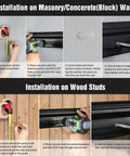Garage Tool Organizer Wall Mount System installation guide on masonry and wood showing measuring, drilling, and securing steps.