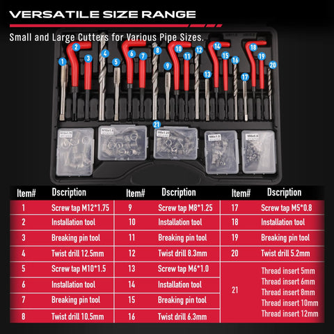 SEDY Helicoil thread repair kit, 320-piece, in a black case with red-handled taps, drills, and small part boxes.