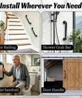 Heavy Duty Pipe Stair Handrail Wall Mounted Safety Grab Bar Twelve Inch Long Industrial Iron Tubes in various installations.