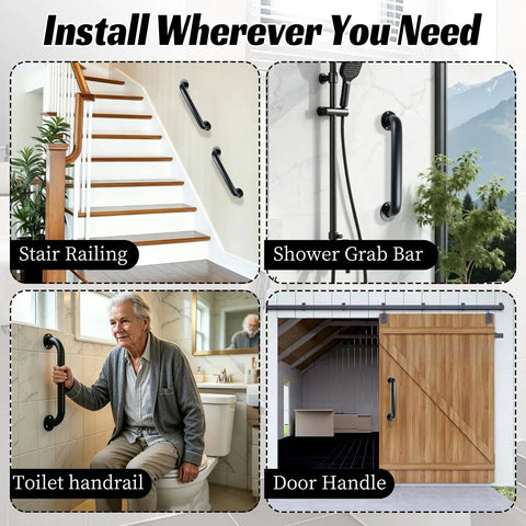 Heavy Duty Pipe Stair Handrail Wall Mounted Safety Grab Bar Twelve Inch Long Industrial Iron Tubes in various installations.
