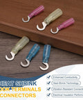 Bulletproof Heat Shrink Hook Terminal Connectors For Car And Home Wiring 100 Pack red insulated PE sleeve terminals on wood surface.