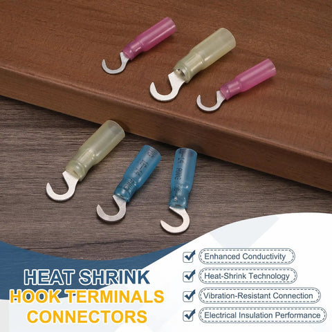 Top Shelf 100 Piece Heat Shrink Hook Terminals Connectors For 14 16 Awg Cables Blue Insulated Crimp Lugs on wooden surface.