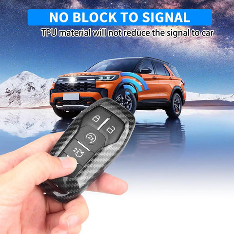 Heavy Duty Smart Key Fob Cover For Ford And Lincoln Rides 2013 Through 2017 With Four Or Five Buttons in hand with car background.